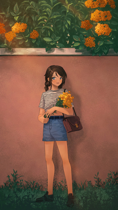 Girl Holding Flowers Standing Under The Wall screenshot