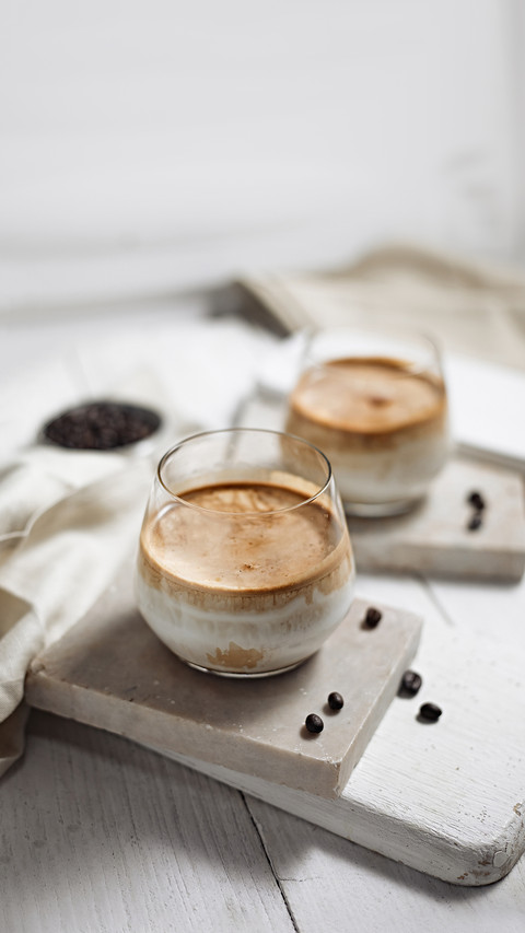 Dirty coffee,Cold milk topped with hot espresso shot screenshot