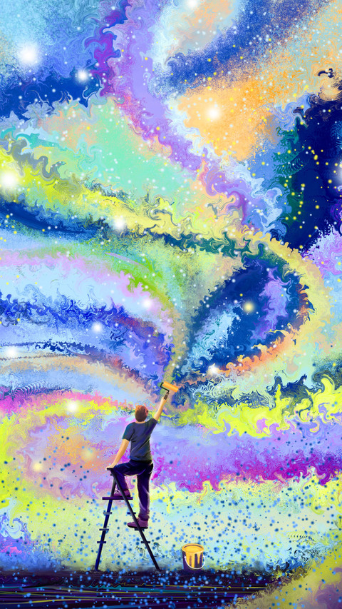 Waving the brush on the ladder to paint the colorful sky screenshot