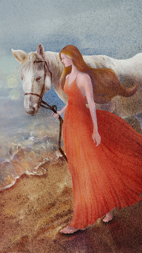 Woman Leading A White Horse Walking by The River screenshot