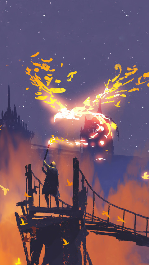 A Man In Cloak Holding Magic Torch Against City with smoke screenshot