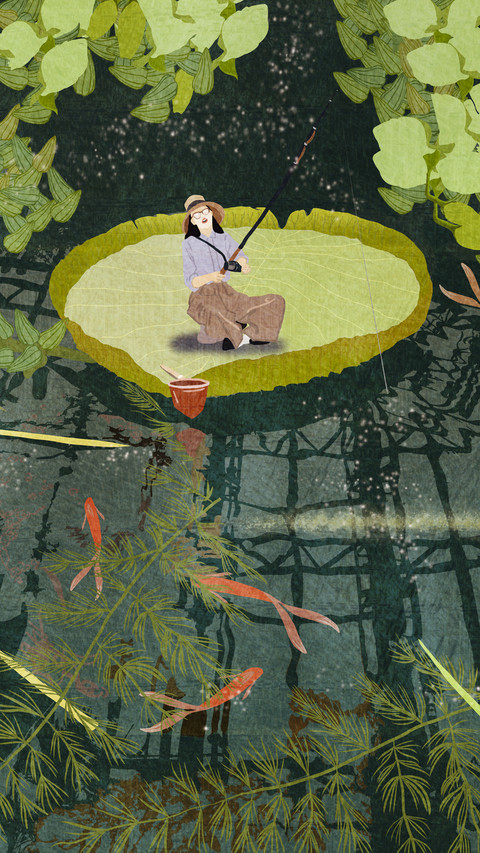 Cute Girl Fishing on Lotus Leaf screenshot