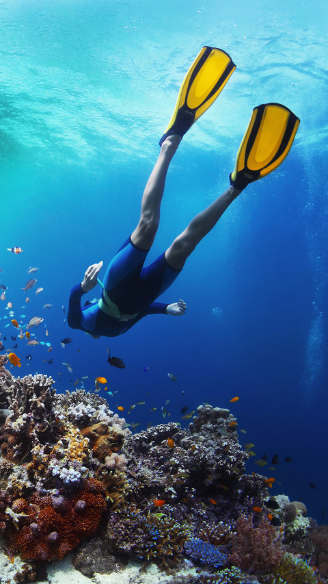 Freediver Gliding Underwater over Vivid Coral Reef screenshot