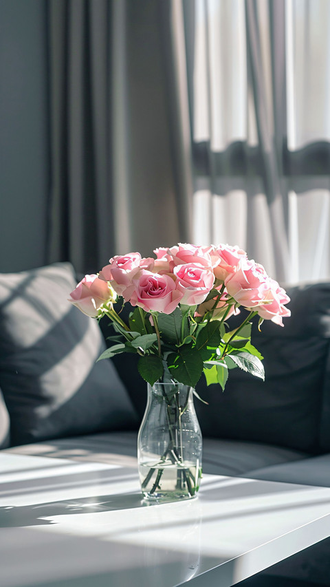A vase filled with a bouquet of delicate pink roses placed screenshot