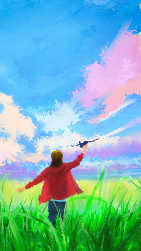 The girl runs between the blue sky and the green fields screenshot