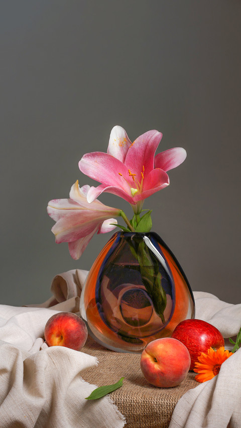 Studio still life with flowers lilies and fruits in vintage screenshot
