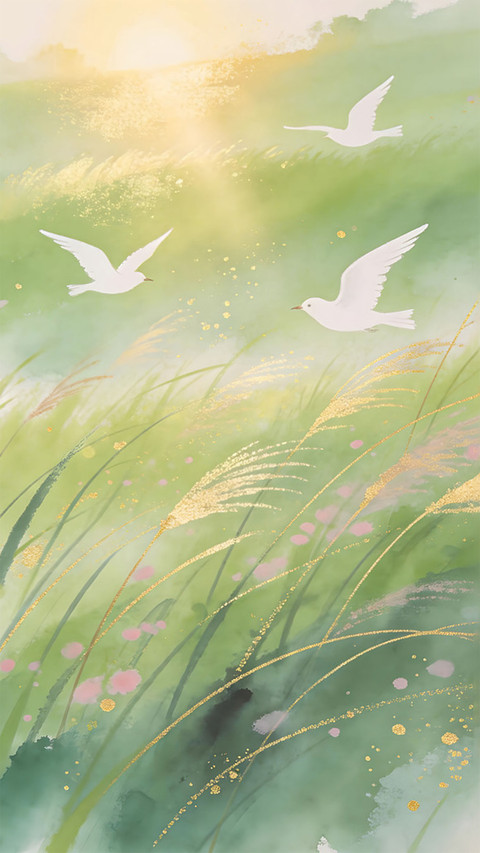 Green fields gentle breeze birds flying towards the clear screenshot