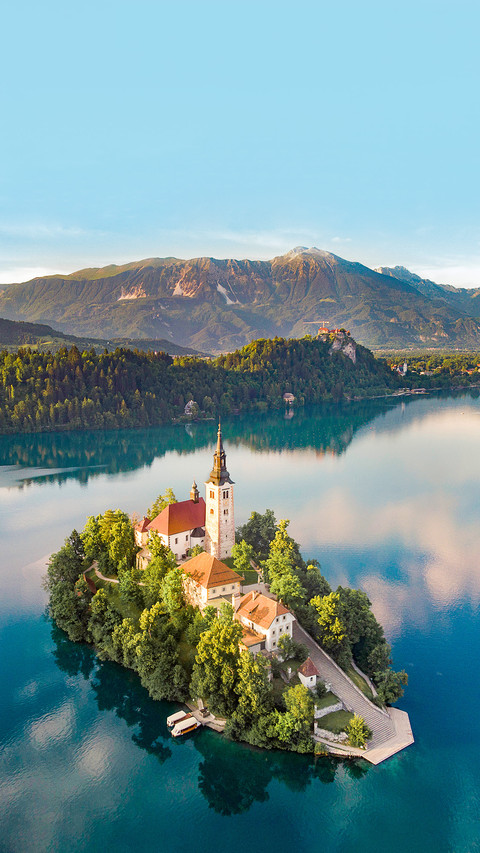 Aerial View of a church on Lake Bled screenshot