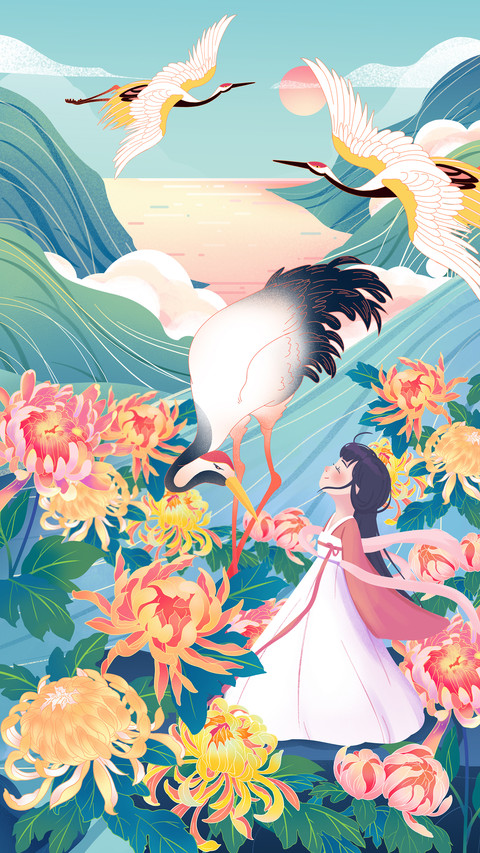 Flowers And Cranes Surround The Girl screenshot