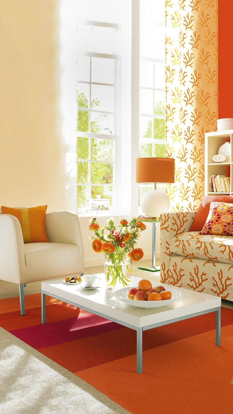 Bright living room with furniture and decors in orange screenshot