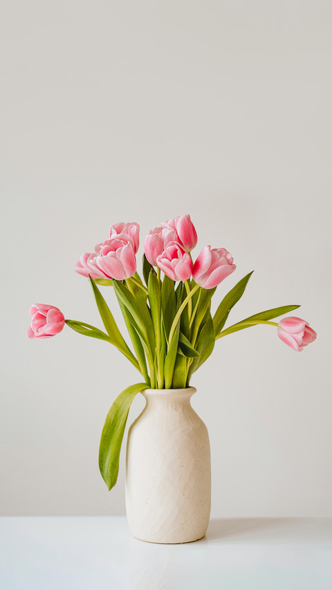 Beautiful pink tulip flowers bouquet in ceramic vase screenshot