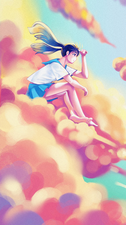 A girl sitting on a Coloful cloud screenshot