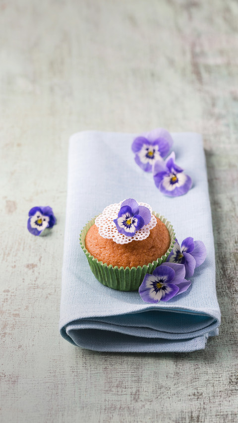 Muffin with horned violets on napkin screenshot