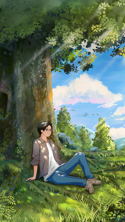 Man is Sitting on The Grass Against The Tree screenshot
