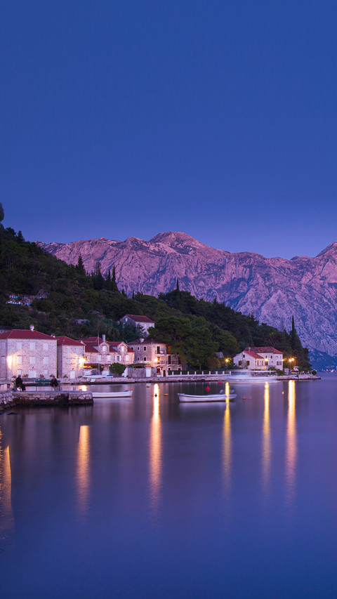 Blue hour exposure of Perast coastline, a medieval village screenshot