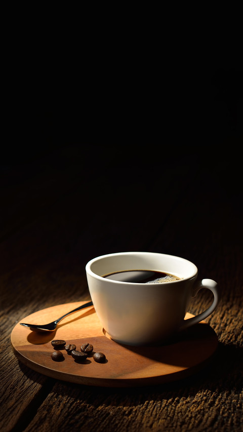 Cup of coffee and coffee beans on old wooden background screenshot