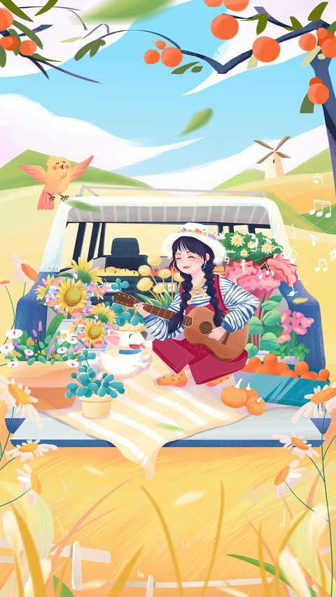 Girl Playing Guitar Sitting in The Flowers screenshot