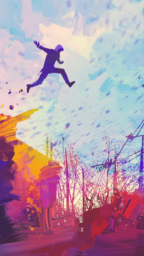 man jumping on the roof in city with abstract grunge screenshot