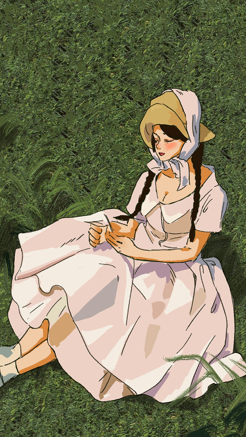 A Girl in a Headscarf Was Sitting on The Grass screenshot