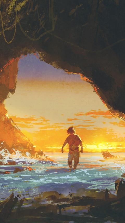 the man walking in the sea cave at sunset screenshot