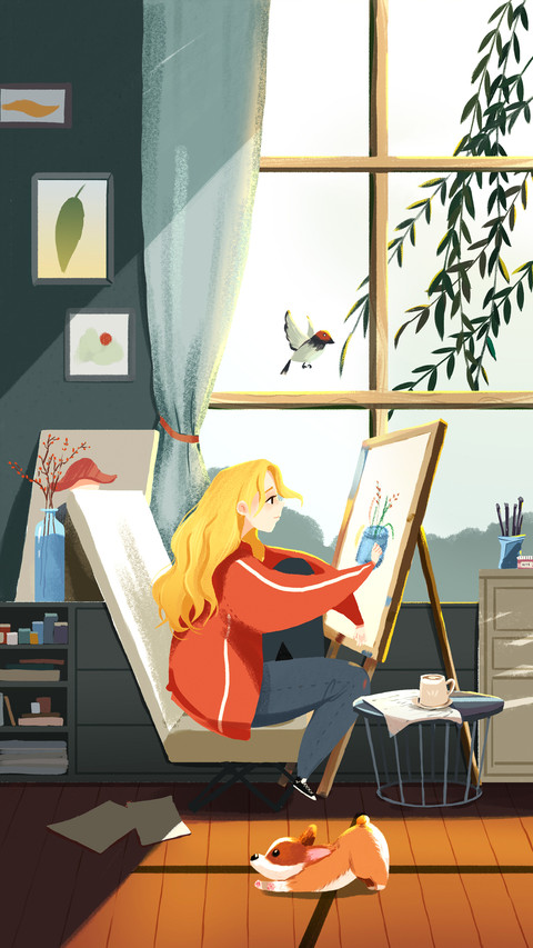 A Little Girl Painting by The Window In Spring screenshot