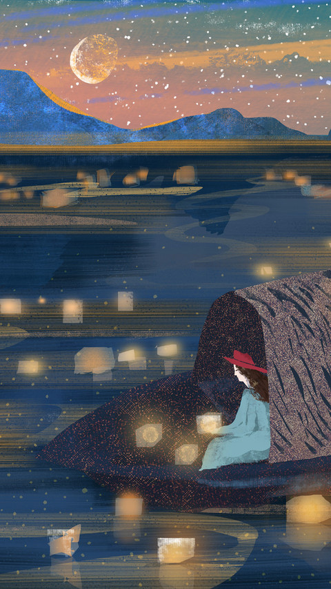 Girl in Boat with River Lamps screenshot