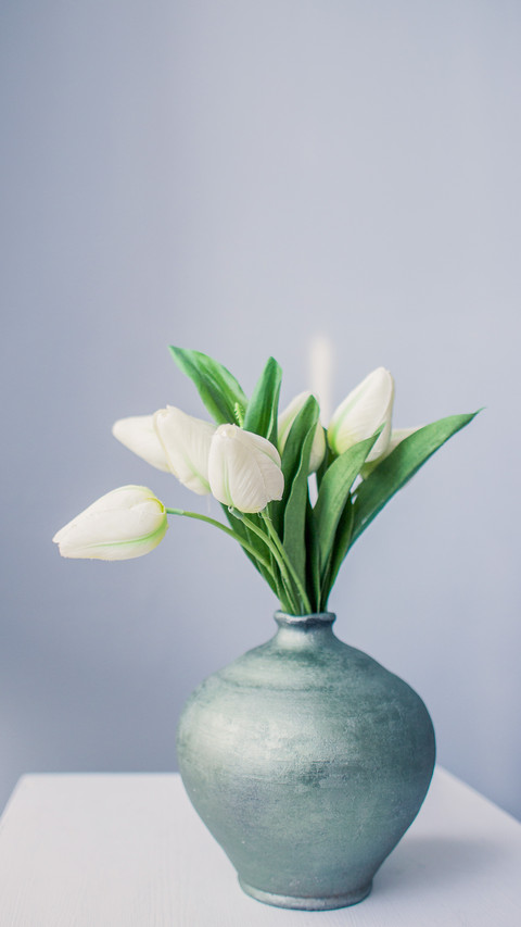 White tulips in a jug on a table in the early morning screenshot