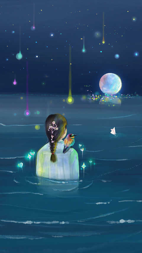 Girl Standing in Water with Moon screenshot