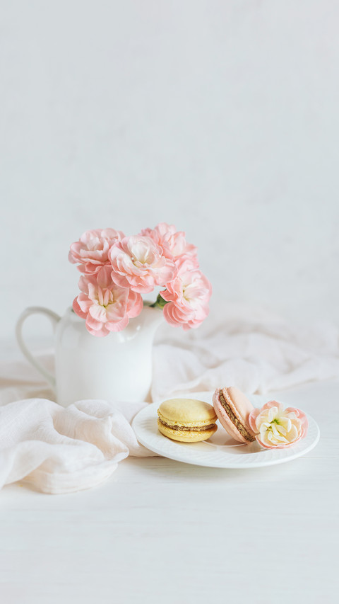 Two tasty macarons and a jar with pink carnation flowers screenshot