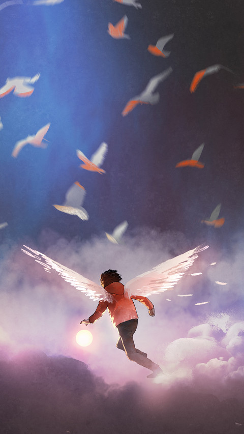 A Boy with Angel Wings Running Through Group of Birds screenshot