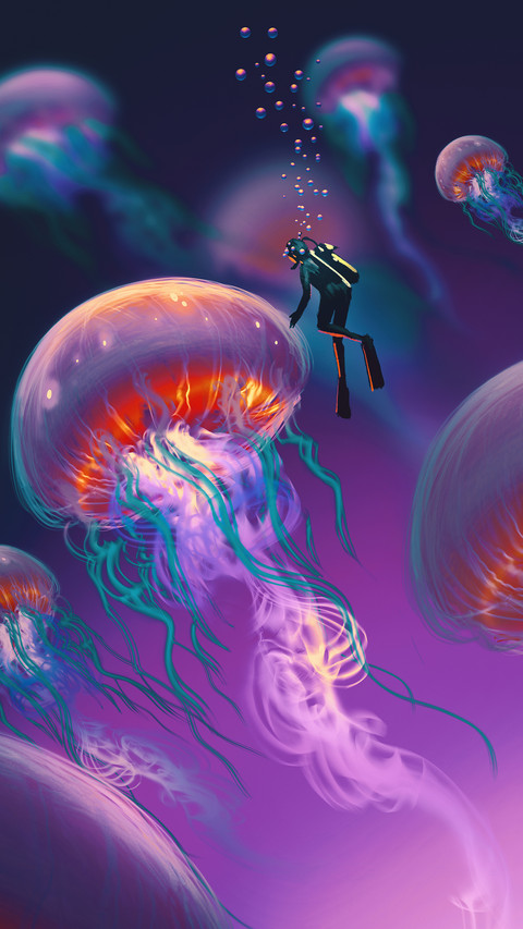 big jellyfishes and diver in fantasy underwater screenshot