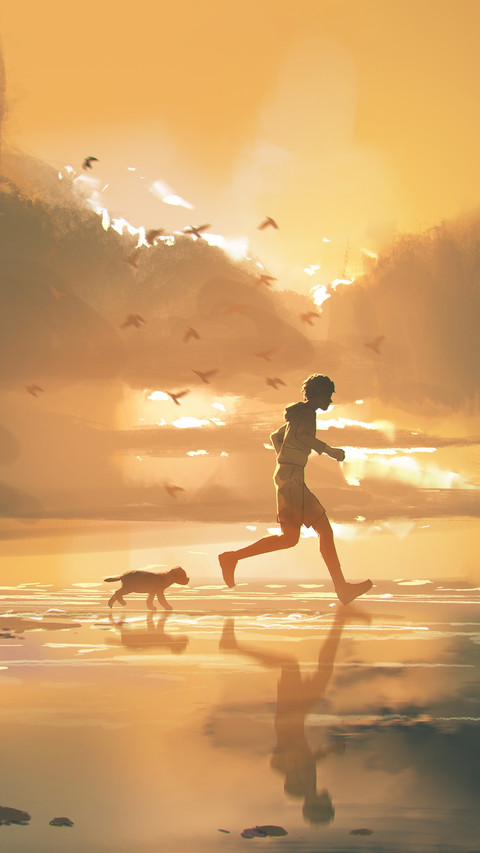Man and Puppy Jogging on the Beach at Sunset screenshot