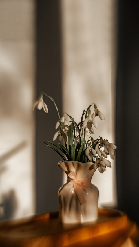Delicate snowdrops in a white vase in sunlight on the table screenshot